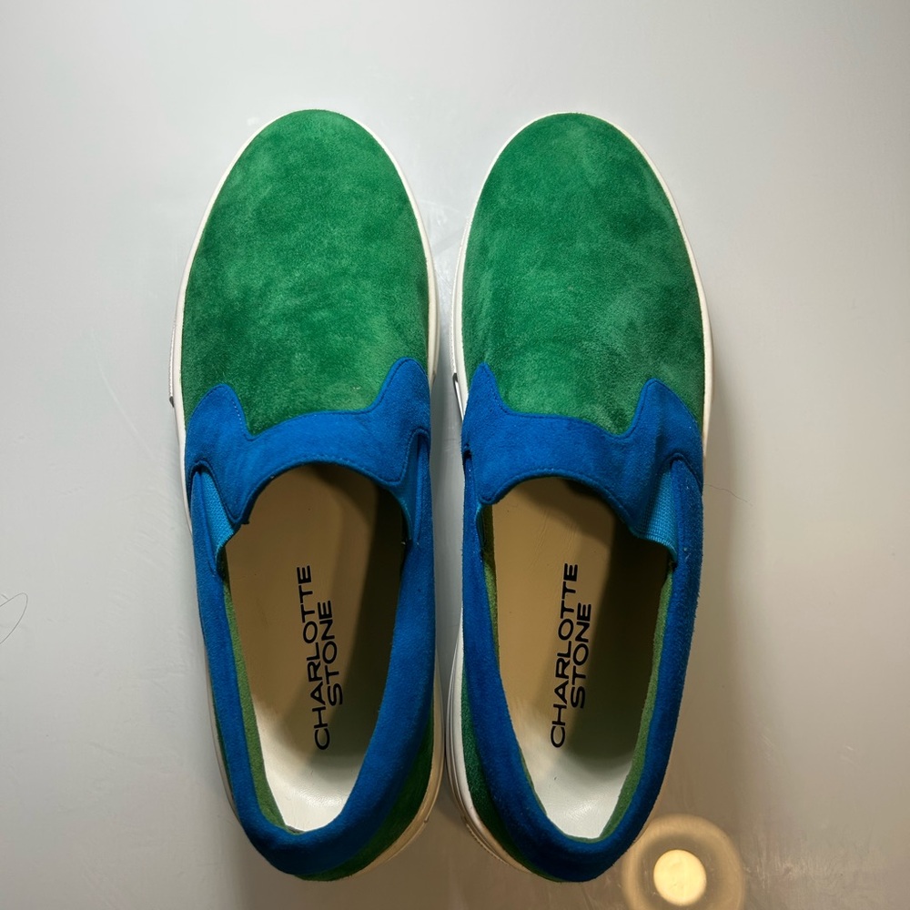 Charlotte Stone Green and Blue Suede Slip-Ons